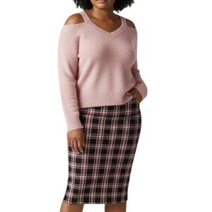 MAIN STRIP  V Neck Cold‎ Shoulder Fuzzy Sweater  Preppy Pink Mink Acrylic S CH